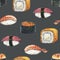 Seamless watercolor pattern with philadelphia sushi roll, gunkan with caviar, tuna and shrimp nigiri on dark background
