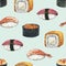 Seamless watercolor pattern with philadelphia sushi roll, gunkan with caviar, tuna and shrimp nigiri on mint background