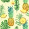 Seamless watercolor pattern with pineapples, tropical leaves, and flowers on yellow background.