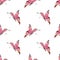 Seamless watercolor pattern with pink abstract butterflies fluttering on a white background.