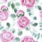 seamless watercolor pattern. pink peony flowers and eucalyptus leaves. vintage delicate print