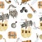 Seamless watercolor pattern with pirate ship, anchor, coin, chest, beard, smoking pipe, cannon, dagger. Illustrations