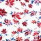 Seamless watercolor pattern of red flowers and blue leaves on a white background.