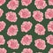 Seamless watercolor pattern with red roses on dark green background.