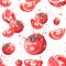 Seamless watercolor pattern of red tomatoes. Vintage drawing of vegetables. For used on card, wallpaper, poster, banner, panel or