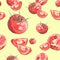 Seamless watercolor pattern of red tomatoes. Vintage drawing of vegetables. For used on card, wallpaper, poster, banner, panel or