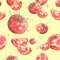 Seamless watercolor pattern of red tomatoes. Vintage drawing of vegetables. For used on card, wallpaper, poster, banner, panel or