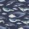 Seamless watercolor pattern about sea fauna. marine animal. Dolphin, whale, fish and seal on dark background