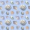 Seamless watercolor pattern with sea shells. Hand drawn sketch on blue background