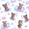 Seamless watercolor pattern, set of cute funny vintage teddy bears toys on the clouds. Hand draw full color illustration