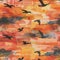 Seamless watercolor pattern showcasing silhouettes of birds against a sunset horizon, dramatic sky