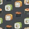 Seamless watercolor pattern with sushi set of rolls California, unagi, gunkan on a dark background