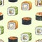 Seamless watercolor pattern with sushi set of rolls California, unagi, gunkan on a light green background