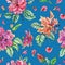 Seamless watercolor pattern of terry hibiscus petals on a blue background.