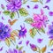 Seamless watercolor pattern of terry hibiscus petals on a blue background.