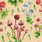 Seamless watercolor pattern of toadstools and moss on a beige background