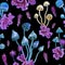 Seamless watercolor pattern of toadstools and moss on a black background