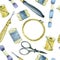 Seamless watercolor pattern tools for embroidery. hoops, threads, scissors, yarn, punch needle. tools for carpet embroidery and em