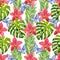 Seamless watercolor pattern with tropical flowers and leaves.