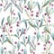 Seamless watercolor pattern of twigs with leaves and berries.