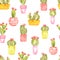 Seamless watercolor pattern with Ñute blooming cactus in bright pots