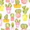 Seamless watercolor pattern with Ñute prickly cactus in bright pots