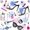 Seamless watercolor pattern with various female accessories