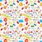 Seamless watercolor pattern of various sewing tools. Sewing kit