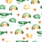 A seamless watercolor pattern with whales, clouds, rainbows, and hearts.