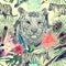 Seamless watercolor pattern with white tigers, elephant, maharajah leaves, flowers.