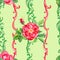 Seamless watercolor pattern of wild rose flowers on a background of stripes from a baroque