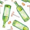 A seamless watercolor pattern with the wine elements: wine bottles, wine corks and a corkscrew.