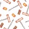 A seamless watercolor pattern with the wine elements: wine corks and a corkscrew