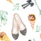 A seamless watercolor pattern with the women\'s romantic elements: ice cream, rose flower, bow and woman ballet shoes.