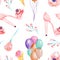 A seamless watercolor pattern with the women\'s romantic elements: pink ice cream, rose flower, air balloons and woman pink shoes o