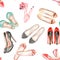 A seamless watercolor pattern with the women\'s summer shoes.