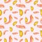 Seamless watercolor pattern with yellow and pink feathers of bird on light pink background. Vintage style. Great nature