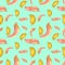 Seamless watercolor pattern with yellow and pink feathers of bird on mint green background. Vintage style. Great nature pattern