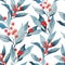 Seamless watercolor realistic pattern with holly leaves and berries.