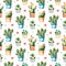 Seamless watercolor texture with cactus plant and succulent plant in pot