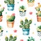 Seamless watercolor texture with cactus plant and succulent plant in pot