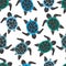 Seamless watercolor turtles pattern. Vector background with tortoises