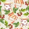 Seamless watercolor wallpaper - tea cup, cheese cake, raspberry berries