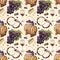 A seamless watercolor wine pattern with drawings of wine glasses, bottle, barrel, grapes and vine leaves