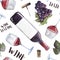 seamless watercolor wine pattern with drawings of wine glasses, bottle, branches of grape, corkscrew and lettering