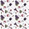 seamless watercolor wine pattern with drawings of wine glasses, bottle, branches of grape, corkscrew and lettering