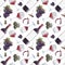 seamless watercolor wine pattern with drawings of wine glasses, bottle, branches of grape, corkscrew, wine cork