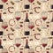 A seamless watercolor wine pattern with drawings of wine glasses, bottle, corkscrew, wine cork, collaged vintage style