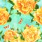 Seamless watercolor yellow rose pattern on teal with butterfly