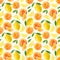 Seamless watercolour citrus pattern. Bright summer fruits on white background. Seamless Lemons and oranges. Watercolor